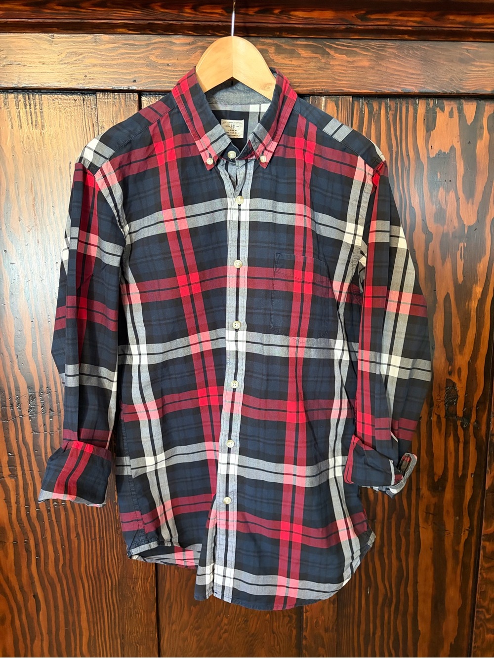 JCrew Men's Red and Navy Plaid Button-Down Shirt